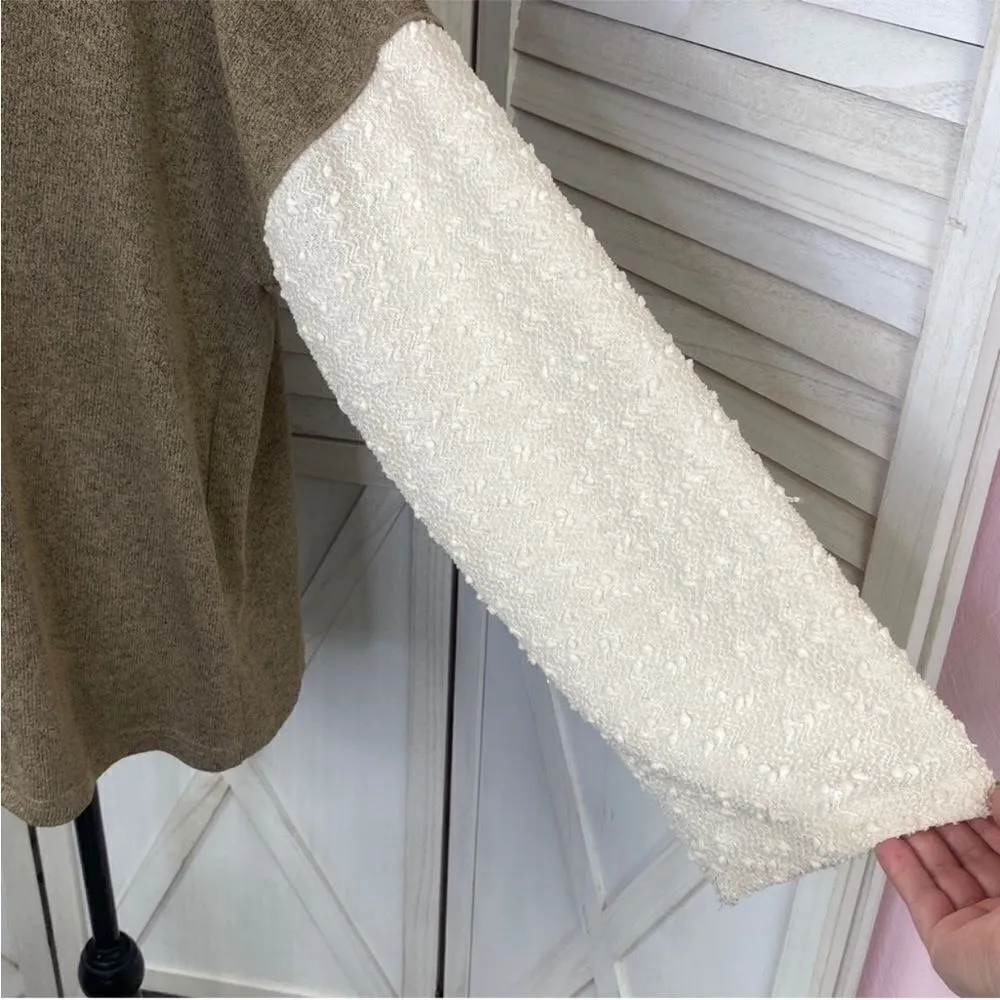 POL‎ Open Tie Back Sweater Bell Sleeve Color Block Brown Cream Large - Image 7