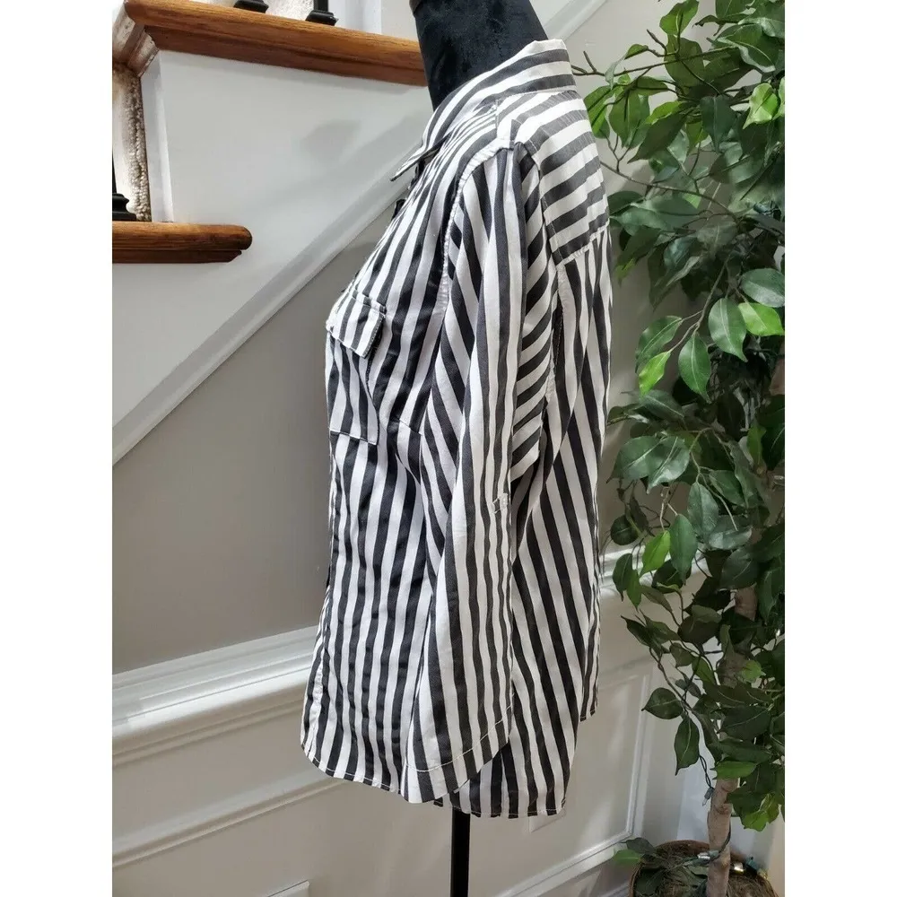 Ashley Stewart Women Black/White Nylon Collared Long Sleeve Button Down Shirt 14 - Image 4