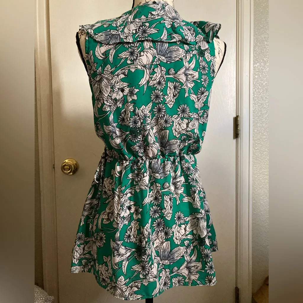 Japna Green Floral Print Deep V-Neck Wrap Sleeveless Blouse #W - Image 6