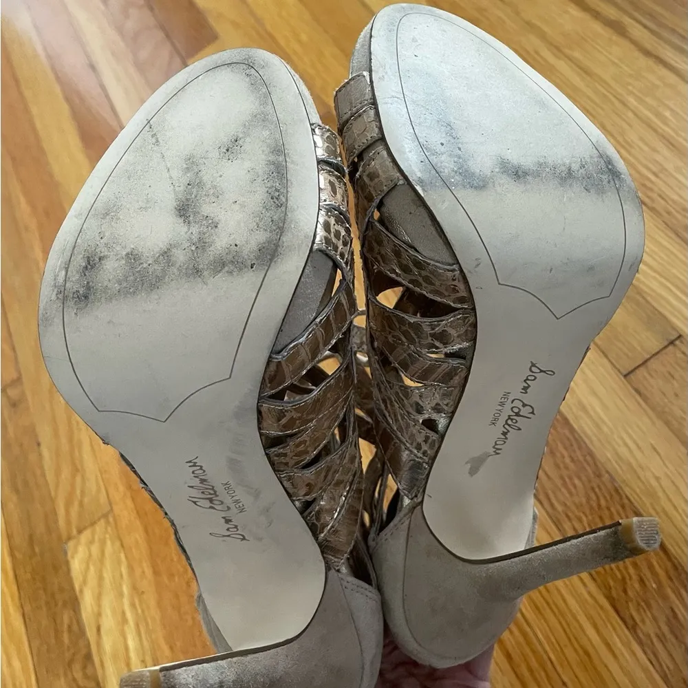 Sam Edelman Essex beige gold lace up leather suede high heels sandals, size 7.5 - Image 8