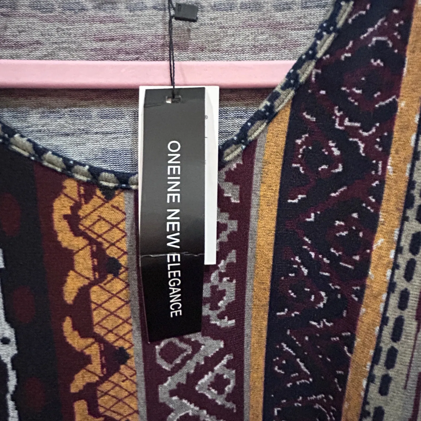 NWT ONEINE NEW ELEGANCE Long Sleeve Geometric Print Dress Tunic Burgundy Gold Brown Size XXL - Image 3