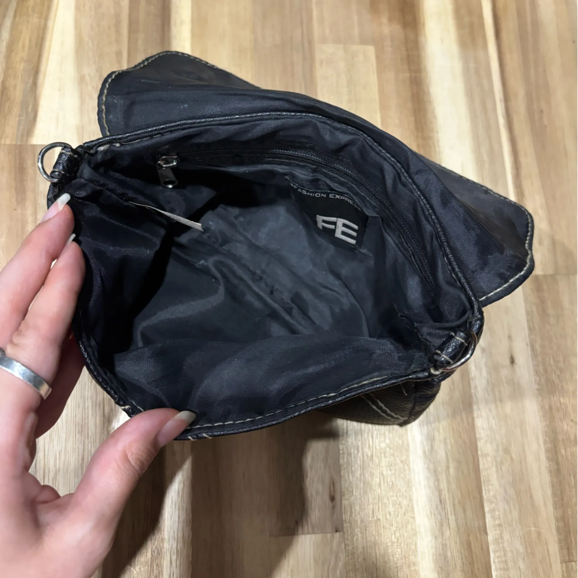 Faux Black Leather Round Silver Studded Clutch - Image 6