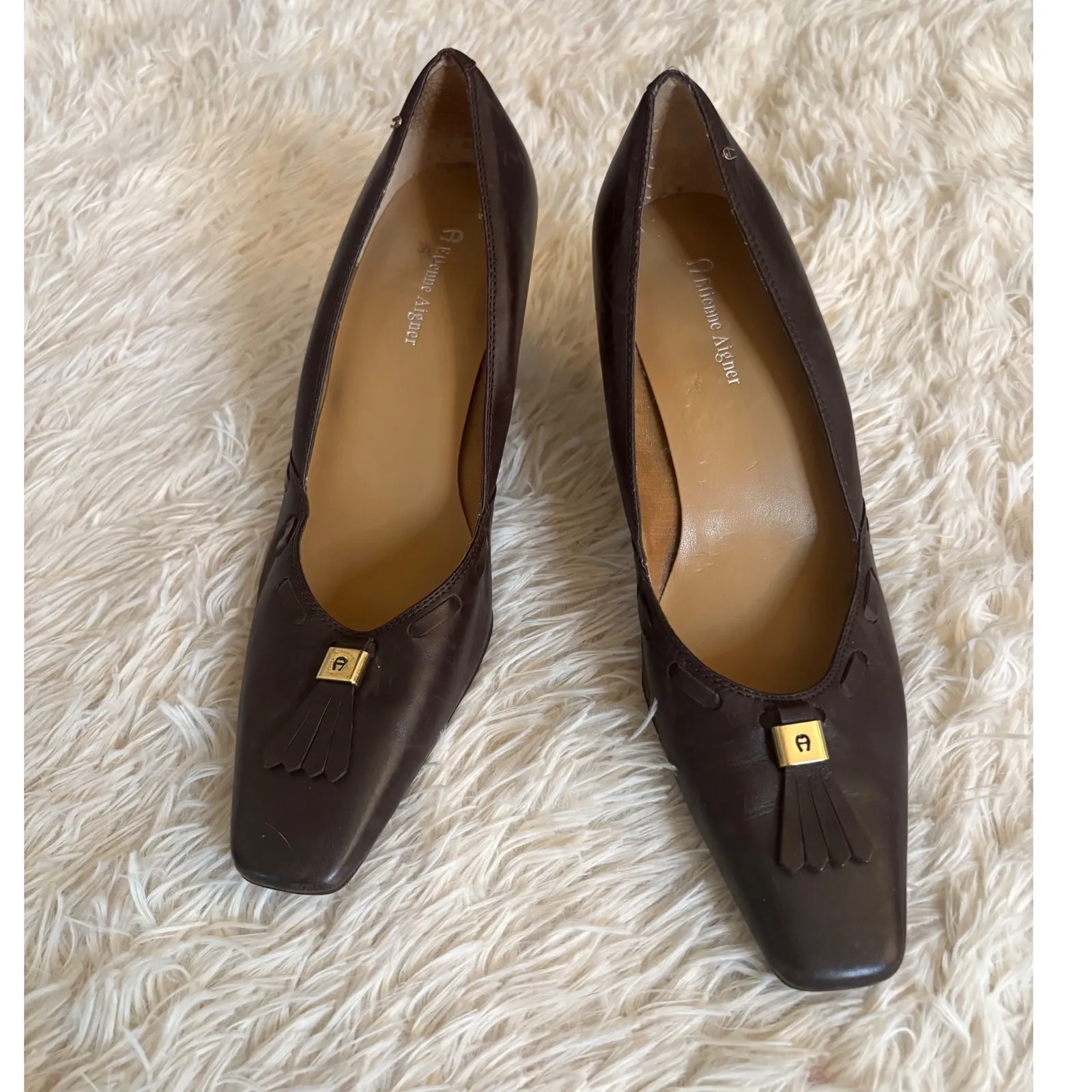 Etienne Aigner Chocolate Brown Leather‎ Pumps Gold Tassel Accent Heels 9.5M - Image 3