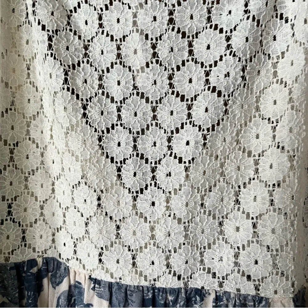 Free People Moon River Floral Peasant Top Blue Ivory Lace Oversized - Image 5