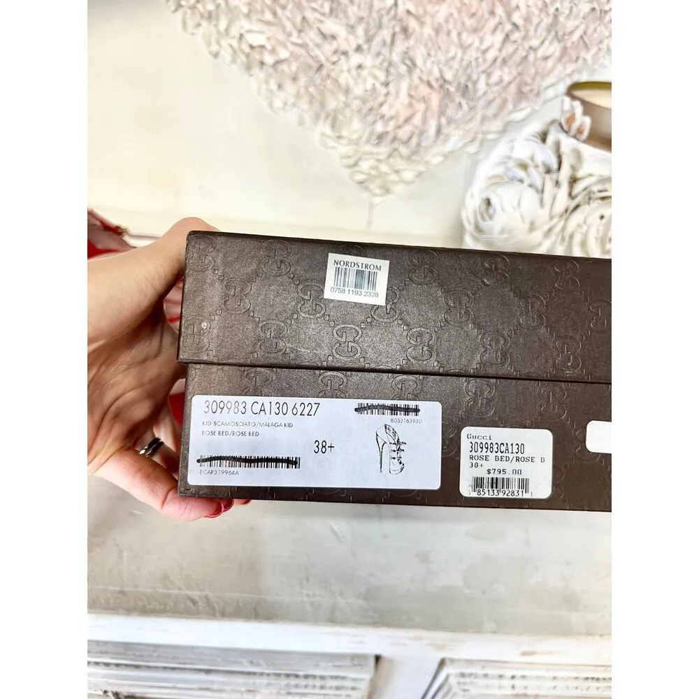 Gucci Lisbeth Suede Strappy Peep Toe Stilettos Heel Pumps Rose Bed Women's 38.5 - Image 11