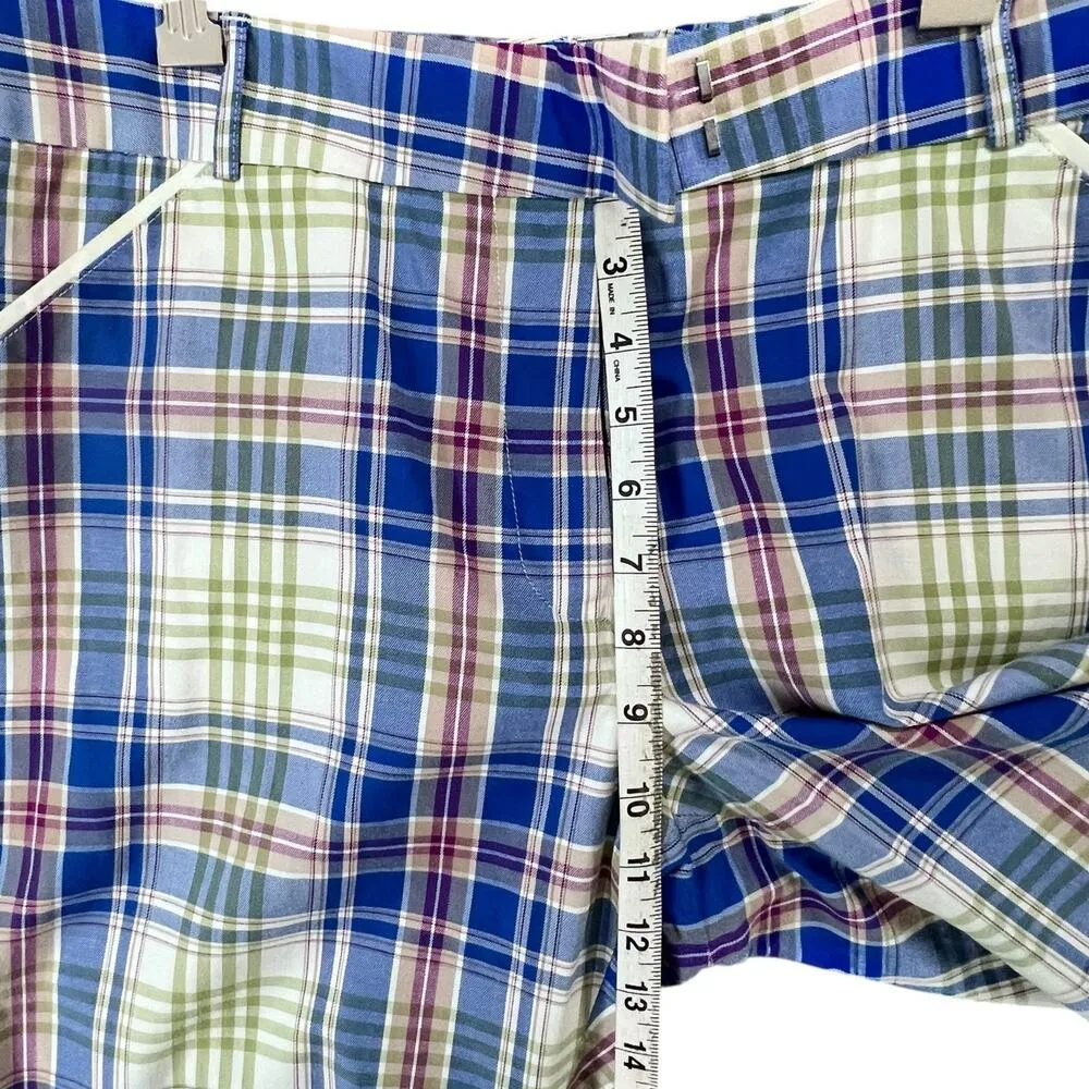 Peter Millar Bermuda Golf Shorts Women 12 Blue Plaid Cotton Casual Preppy Tennis - Image 9