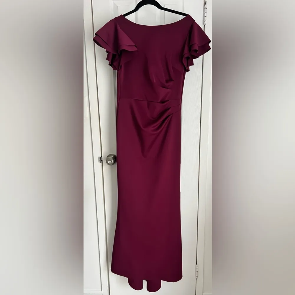 🆕 Flutter Sleeve Ruched Waist V-Back Scuba Knit Gown. Color Burgundy, 10 - Image 5