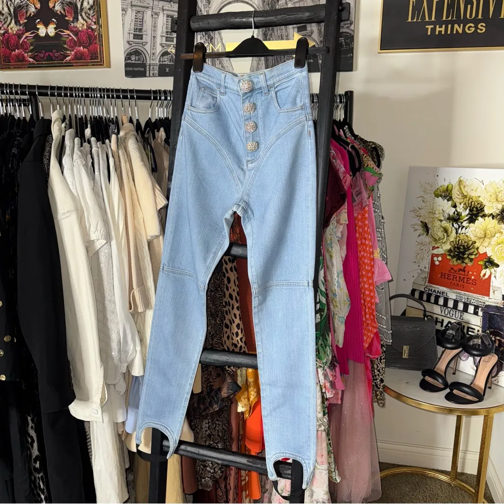 Alessandra Rich Crystal Button High Waist Stirrup Jeans Blue Size 25 - Image 5
