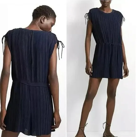 Club Monaco Navy Blue Viga Pleated Tie Waist Sleeveless Romper Shorts Size 4 - Image 2