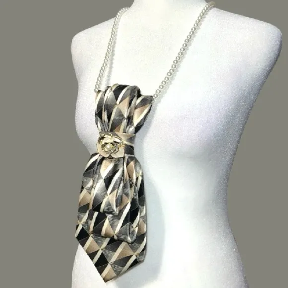 “Dainty Dapper” black, taupe Geometric Tie Necklace Black - Image 5
