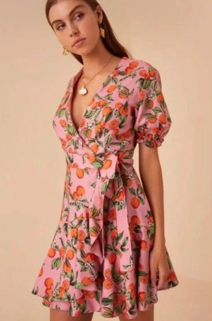 Anthropologie Finders Keepers Aranciata Dress Mini Clementines Wrap Ruffle Puff Short Sleeve Pink Size XS - Image 2