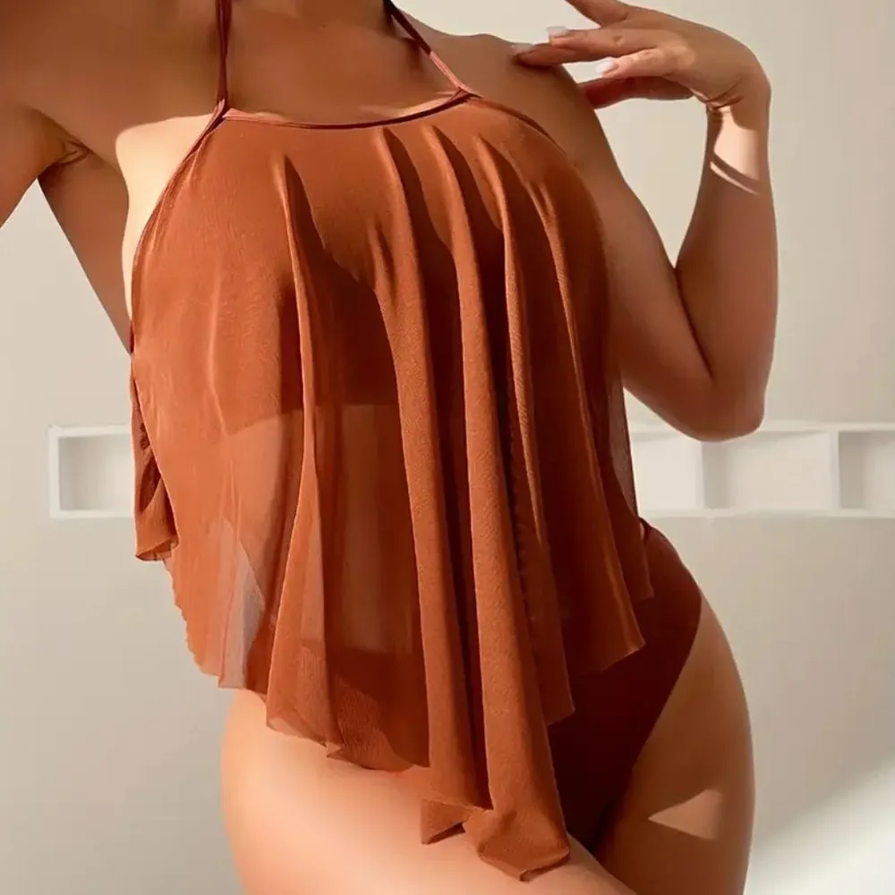 Caramel Solid Color Two Piece Bikini Sets Swimsuit, Halter Neck High Waist Size M - Image 6