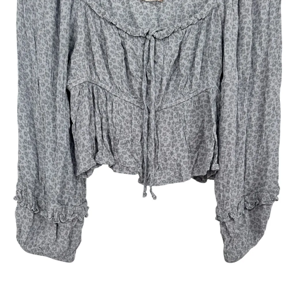 Altar’d State Blue Floral Cropped Shirt size Large Long Sleeve Tie Neck Ruffle - Image 3