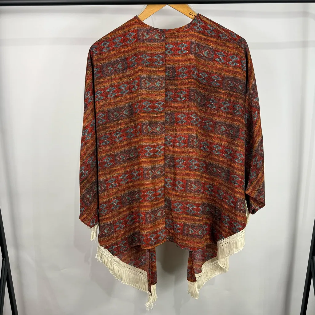 Aggie Colorful Southwest Patterned Open Fringe Sheer Cardigan Size Small Red - Image 5