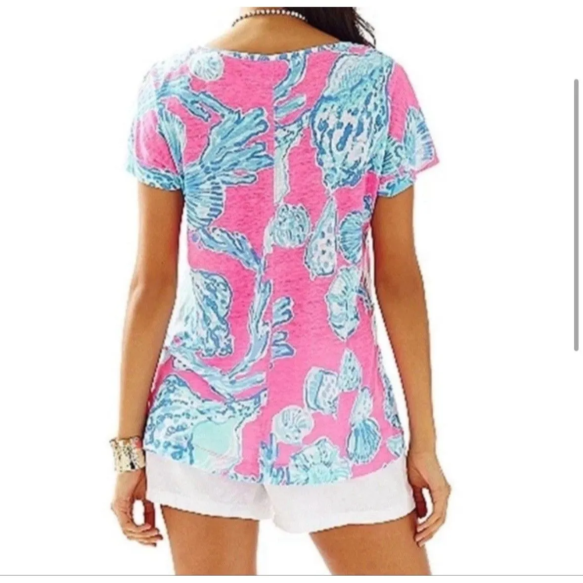 Lilly Pulitzer Mikela top pink pout barefoot princess blue shells size S - Image 5