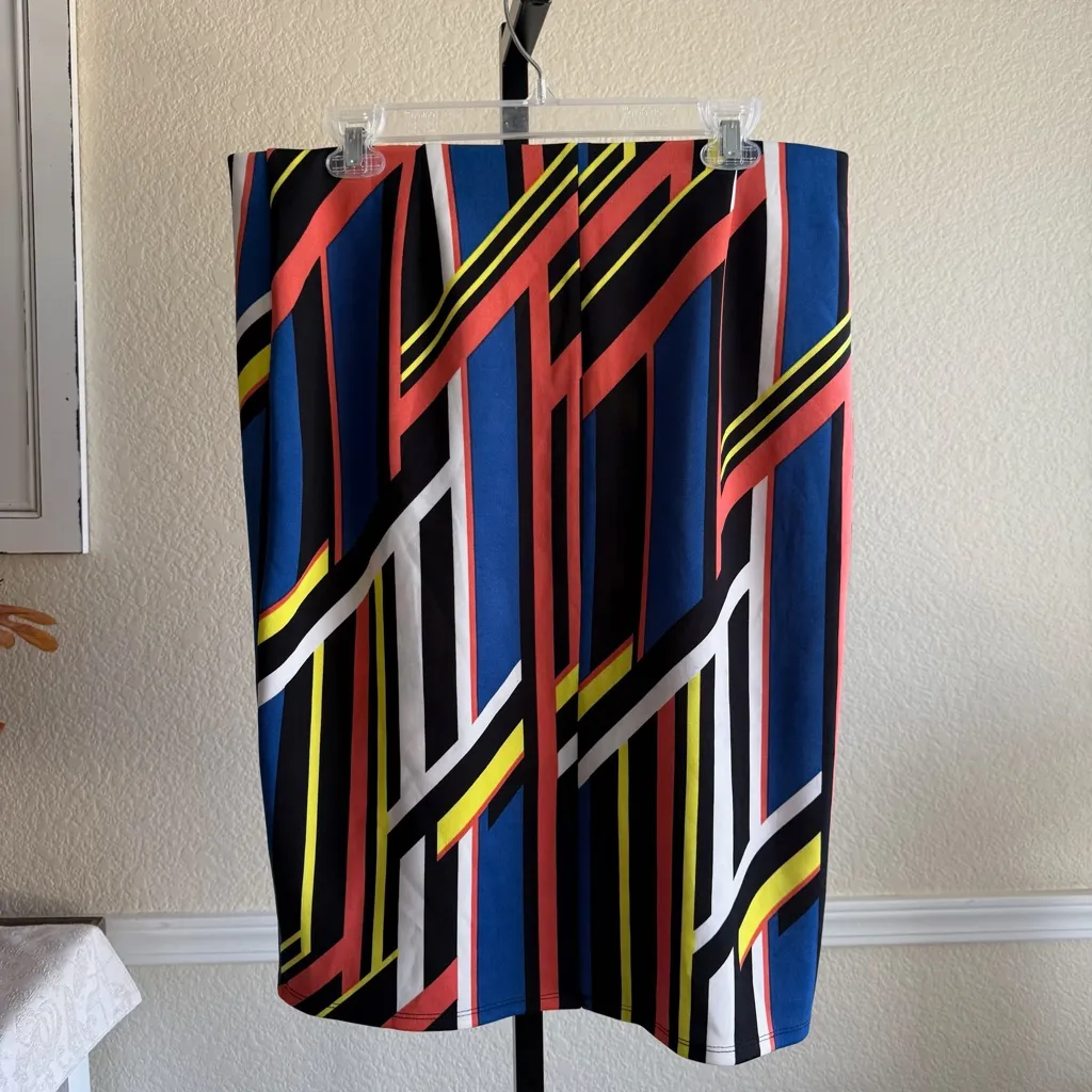 NYCC Geometric Stripe Pencil Skirt Multicolor Women’s Large Stretch Knit Midi Blue - Image 2