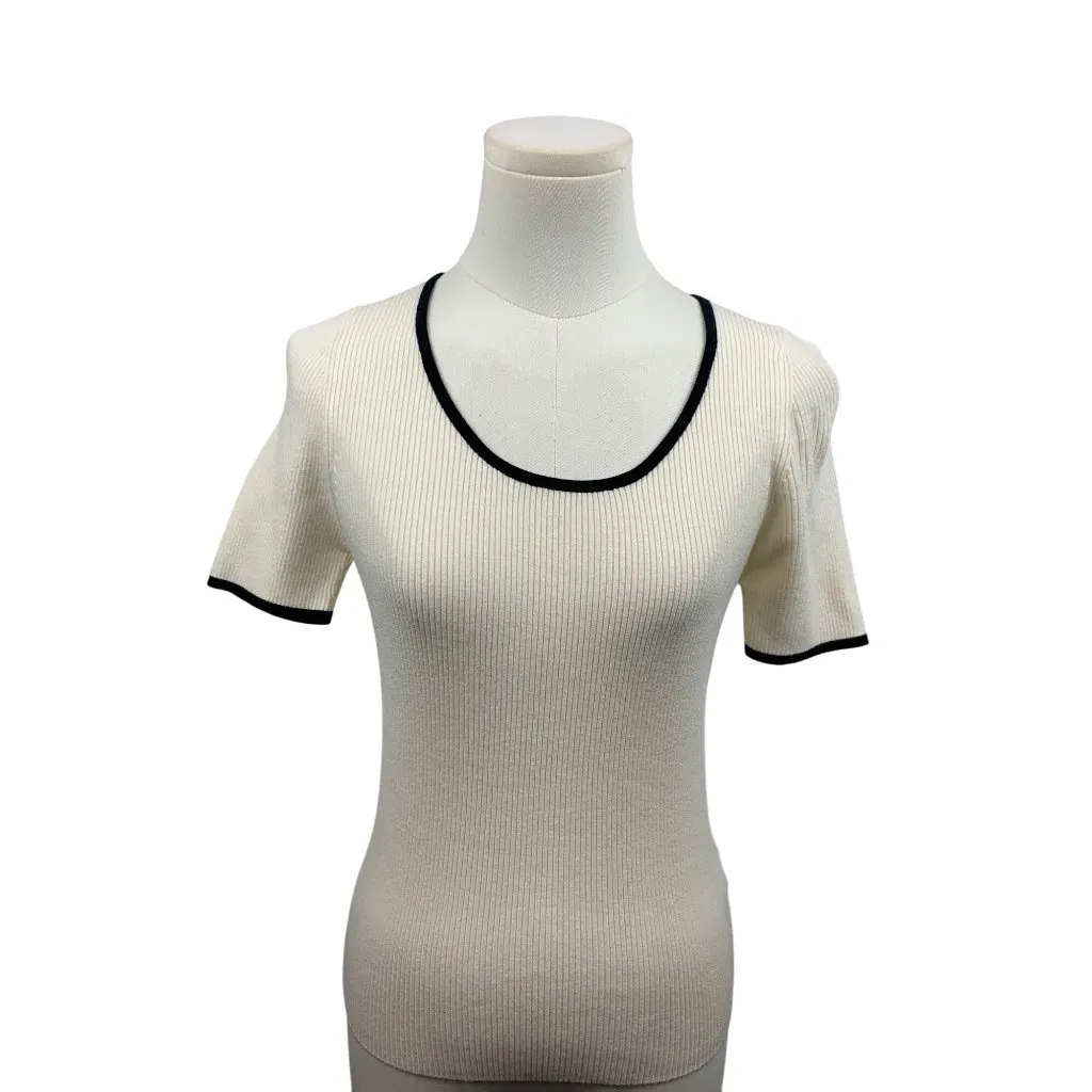 Luxe Ribbed Short Sleeve Contrast Trim Fitted Knit Top In Cream & Black - Image 4