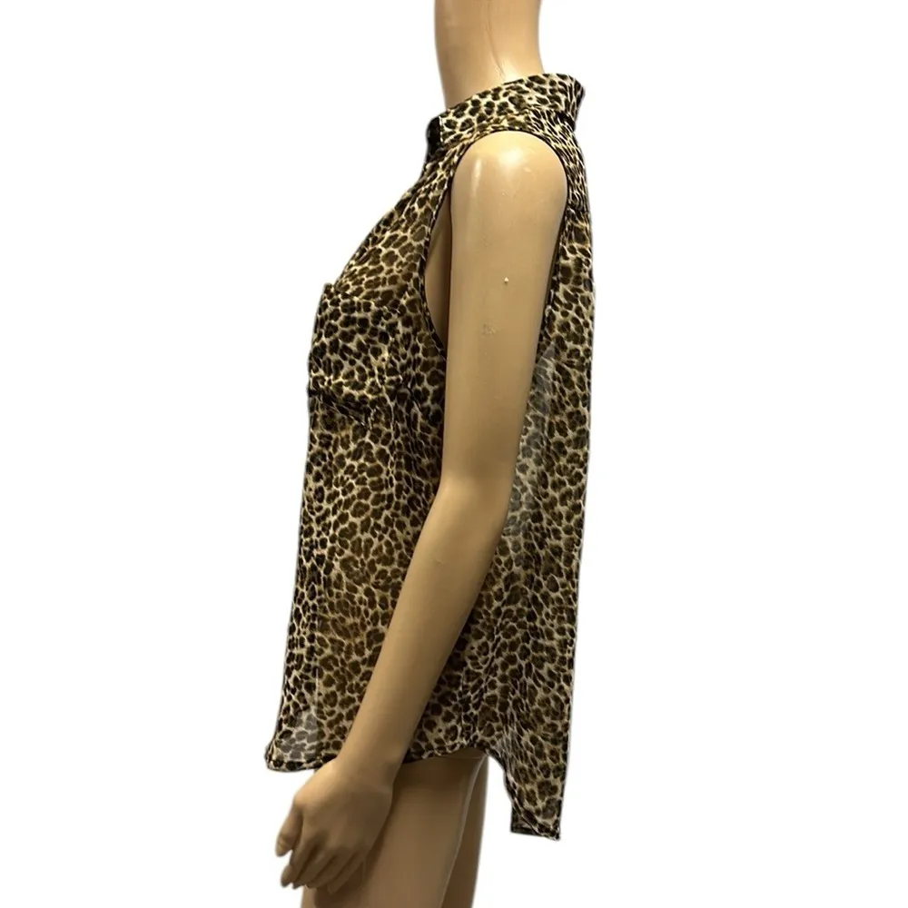 Wet Seal Animal Print Button Up Sleeveless Semi Sheer Pocket Blouse Top Womens L - Image 2