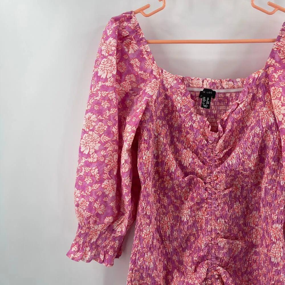 ASOS x NEW LOOK Dress Size 6 Smocked Floral Ruched Pink Orange Mini Sweetheart - Image 7