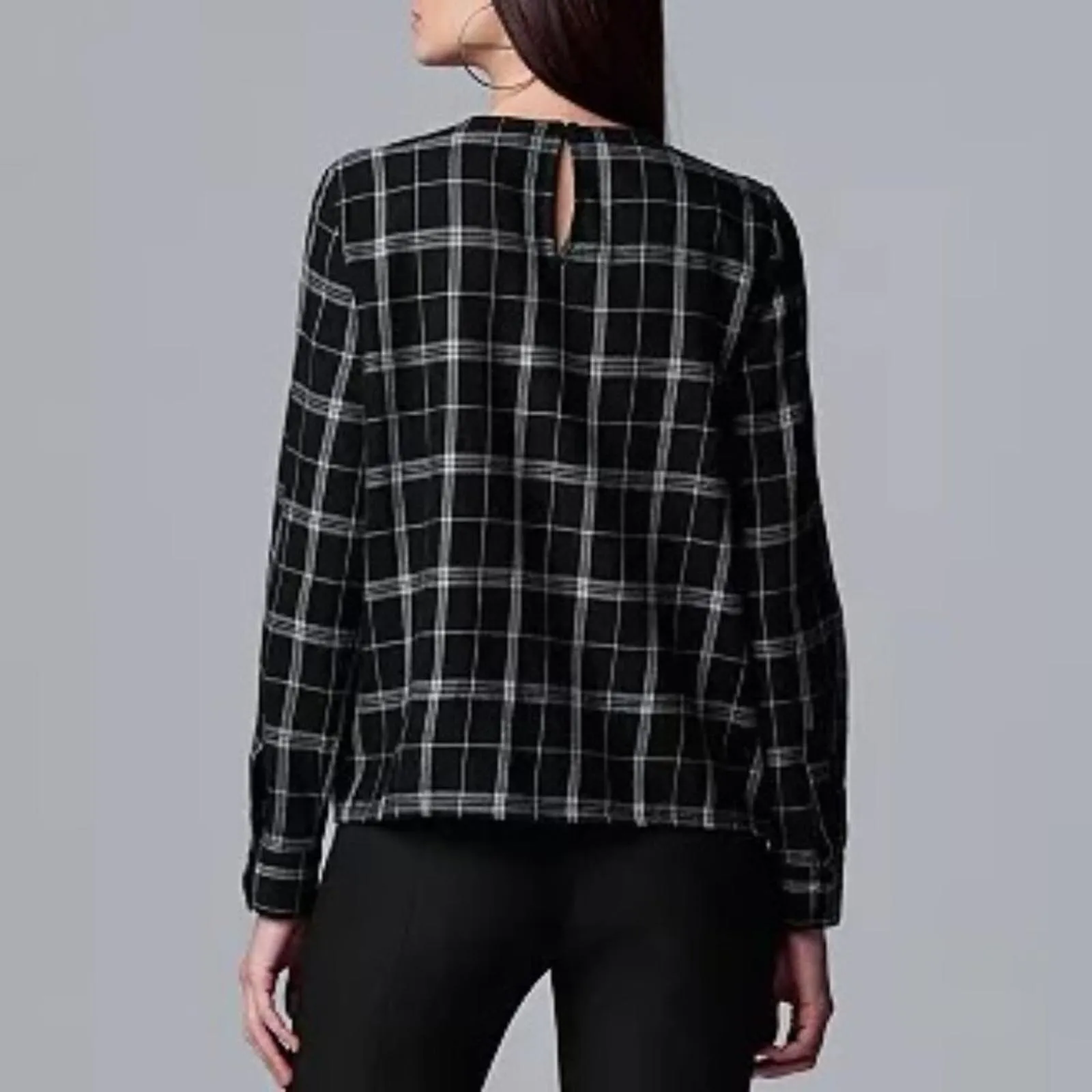 Simply Vera Vera Wang Lace & Plaid Long Sleeve Top Black Gray Size XS - Image 5