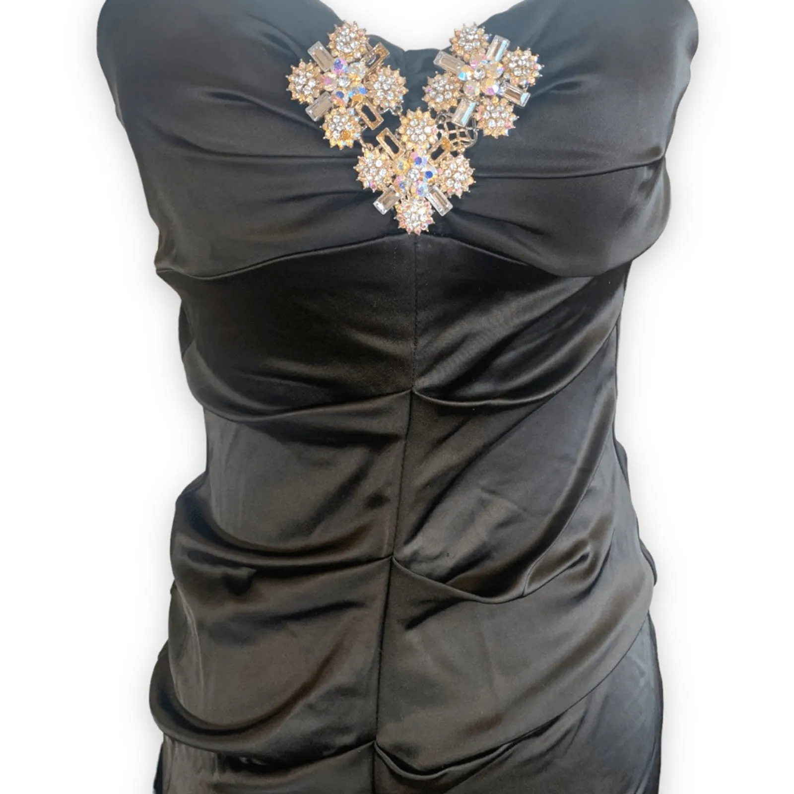 Vintage Cache Black Strapless Rhinestone Brooch Evening Gown XS Sheer Skirt - Image 5