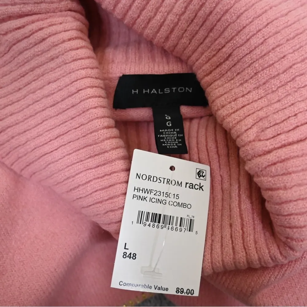 H HALSTON Womens L Stripe Cowl Neck Sweater in Pink Combo NEW - Image 10