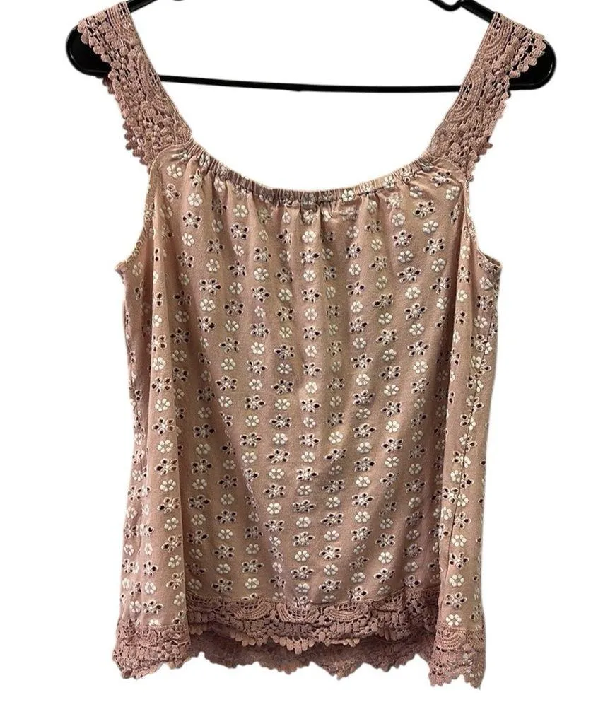 Stem and Vine Dusty Pink Floral Crochet Lace Eyelet Look Sleeveless Top Small - Image 10
