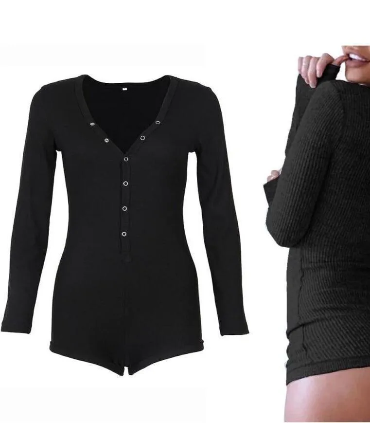 NEW Shorts Long Sleeve Knitted 1 Pc Bodysuit l Pajama Romper M Black Size M - Image 6