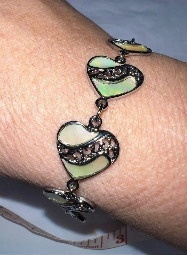 Vintage Silver Tone and Abalone Heart Link Bracelet - Image 2