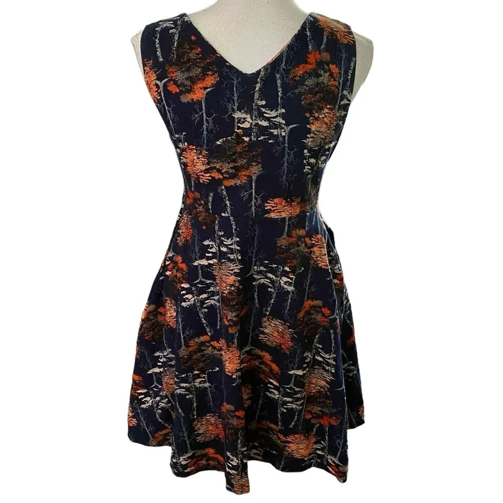 Frock Shop Size S Tree Forest Print Skater Dress Sleeveless V Neck Fall Pockets - Image 2