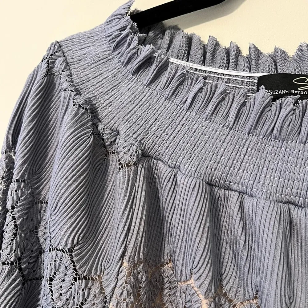 Suzanne Betro small ruffle off the shoulder lace crochet smocked top lightweight - Image 2