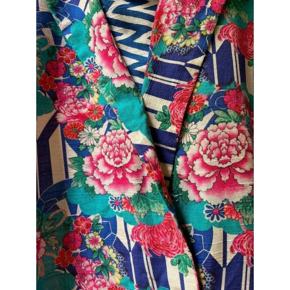 Vintage 3/4 sleeve barkcloth pink teal floral geometric duster house dress mumu Blue - Image 11