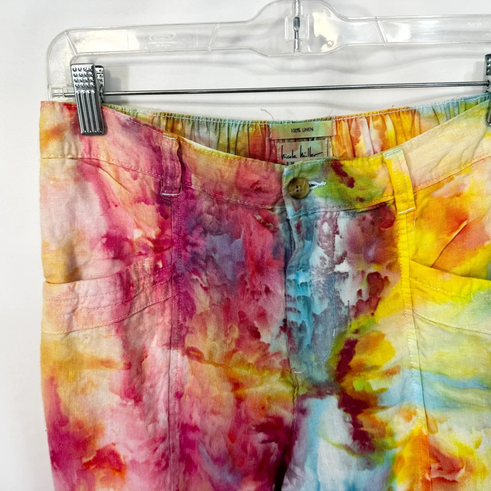 Nicole Miller NY Medium Linen Pants Handmade Tie Dye Elastic Waist‎ Palazzo 1072 - Image 8