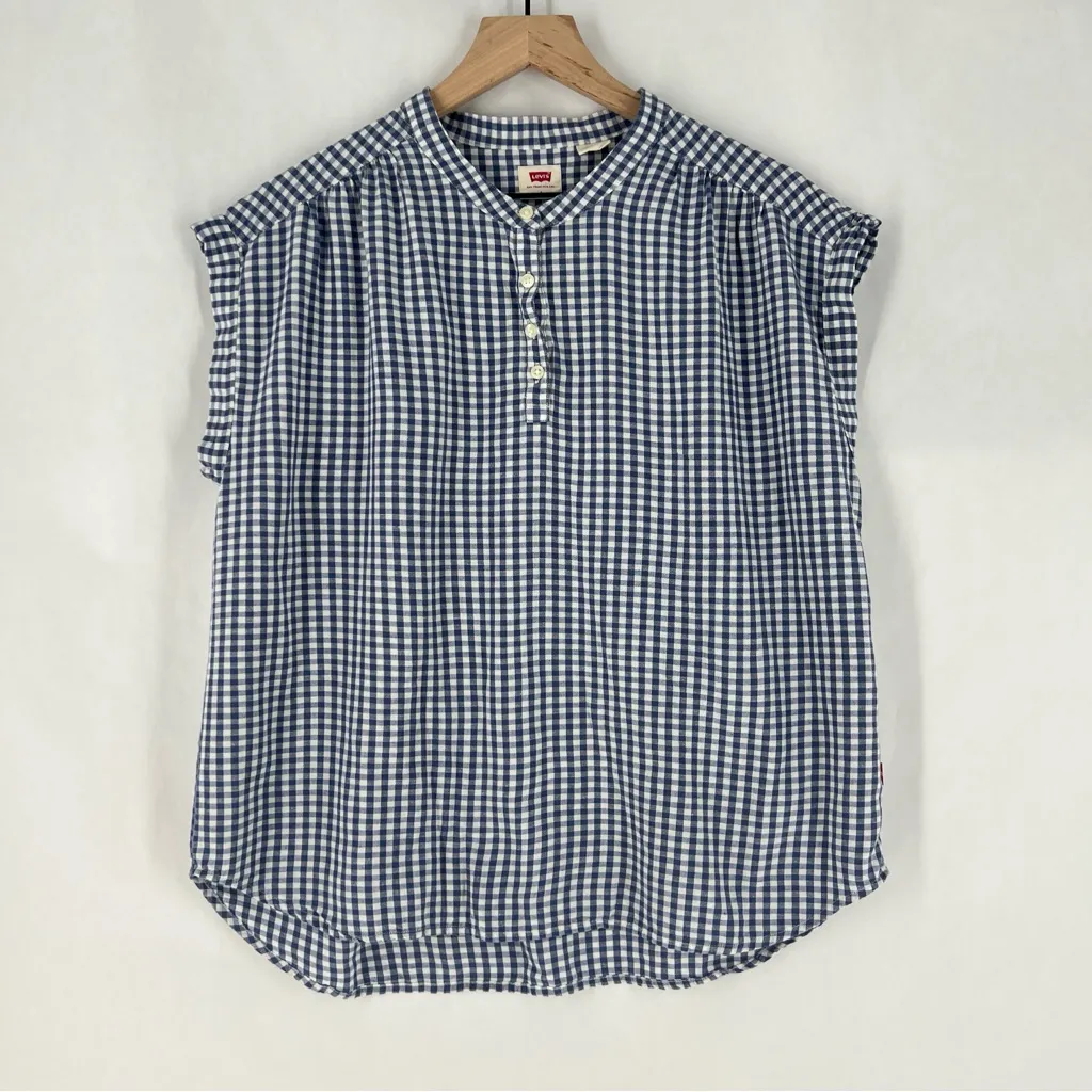 Levi's Blue‎ Gingham Checkered Boxy Cap Sleeve Mandarin Collar Top Size L - Image 2