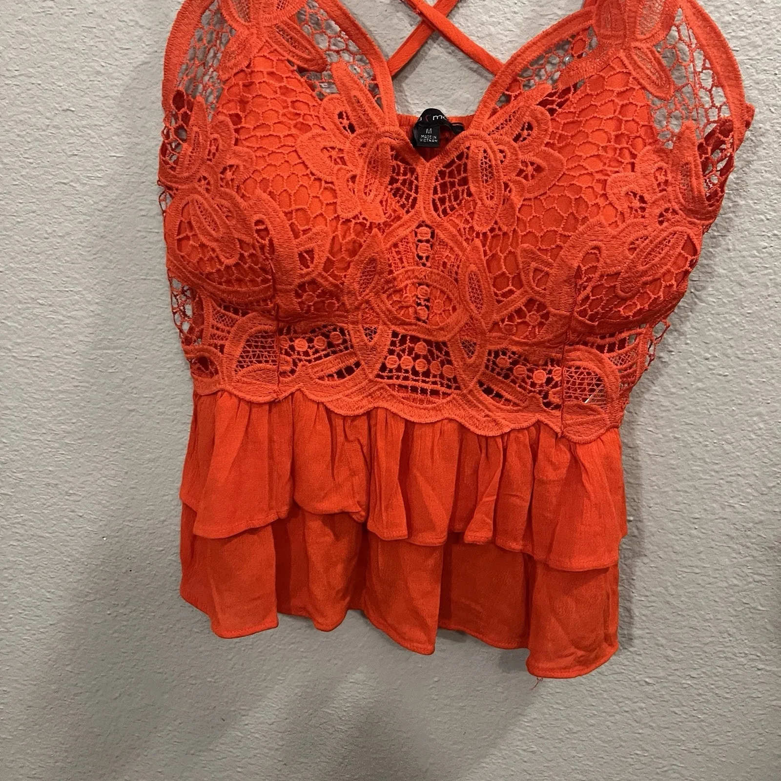 Lace Babydoll Tank Top Orange Size Medium Peplum Hem Boho Criss Cross Back Y2K - Image 3