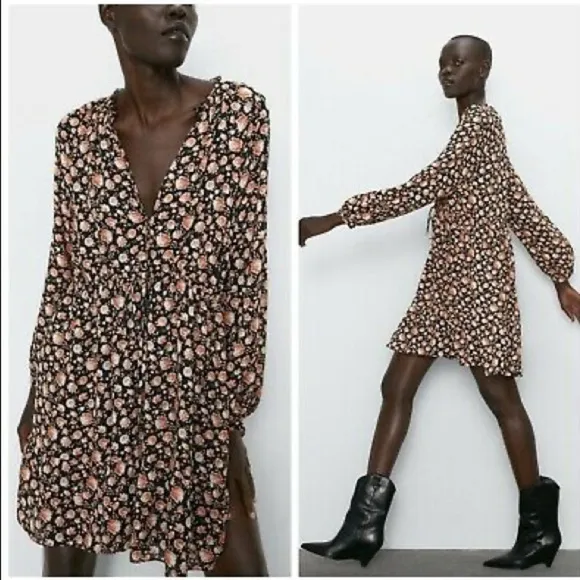 Zara Pink Black Floral Long Puff Sleeves Cottagecore Mini Dress - Image 2