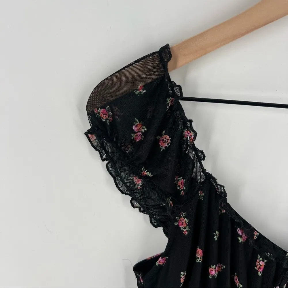 No‎ Boundaries Sheer Mesh Sweetheart Ruffle Trim Floral Print Babydoll Dress - Image 4