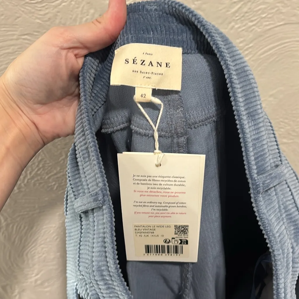 SEZANE THE WIDE LEG Corduroy TROUSERS in Vintage blue NWT size 42 - Image 4
