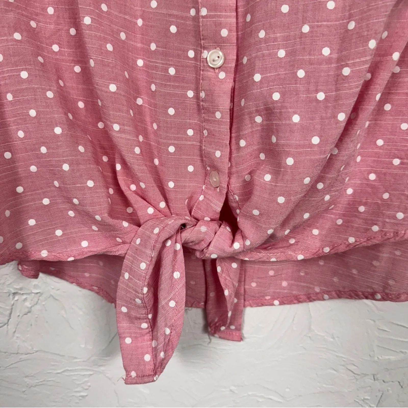 Good Luck Gem Pink Polka Dot Button Down Shirt Womens L Short Sleeve Casual Top - Image 3