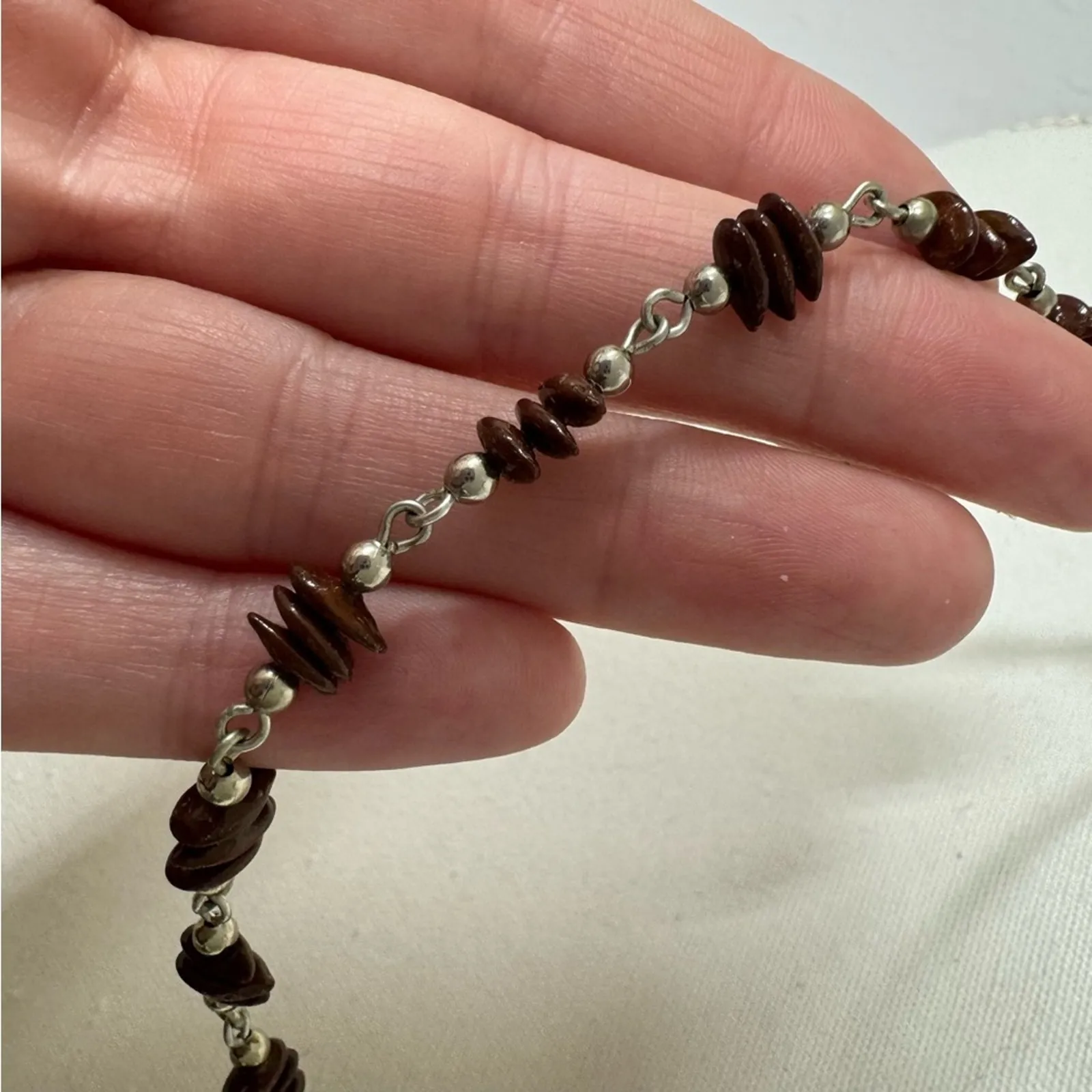 Vintage Silver Tone & Wood Bead Long Necklace Boho Womens Jewelry - Image 2