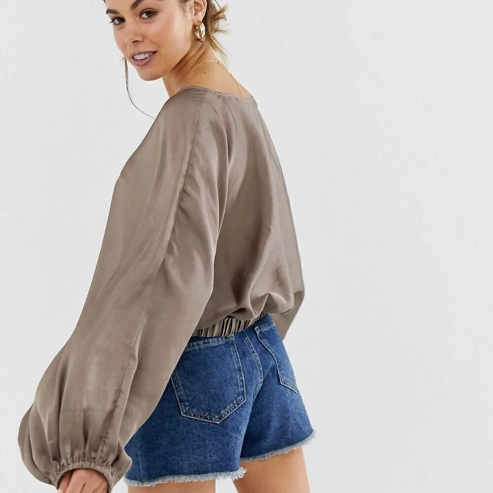 Free People midnight vibes balloon sleeve blouse mushroom nude beige tan size XS - Image 3