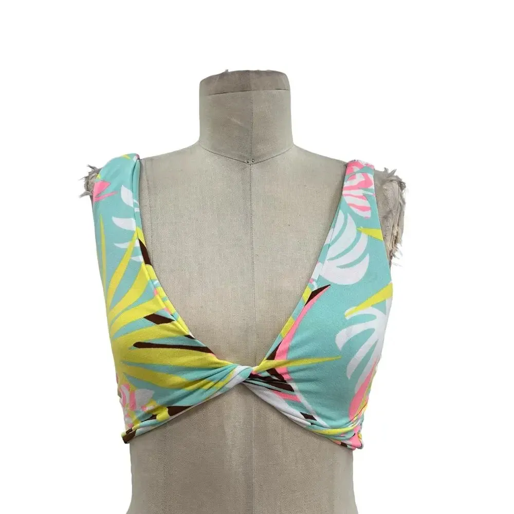Maaji Smocked Twist‎ Front Bikini Top Blue Palm Tree Tropical Print Size Medium - Image 2