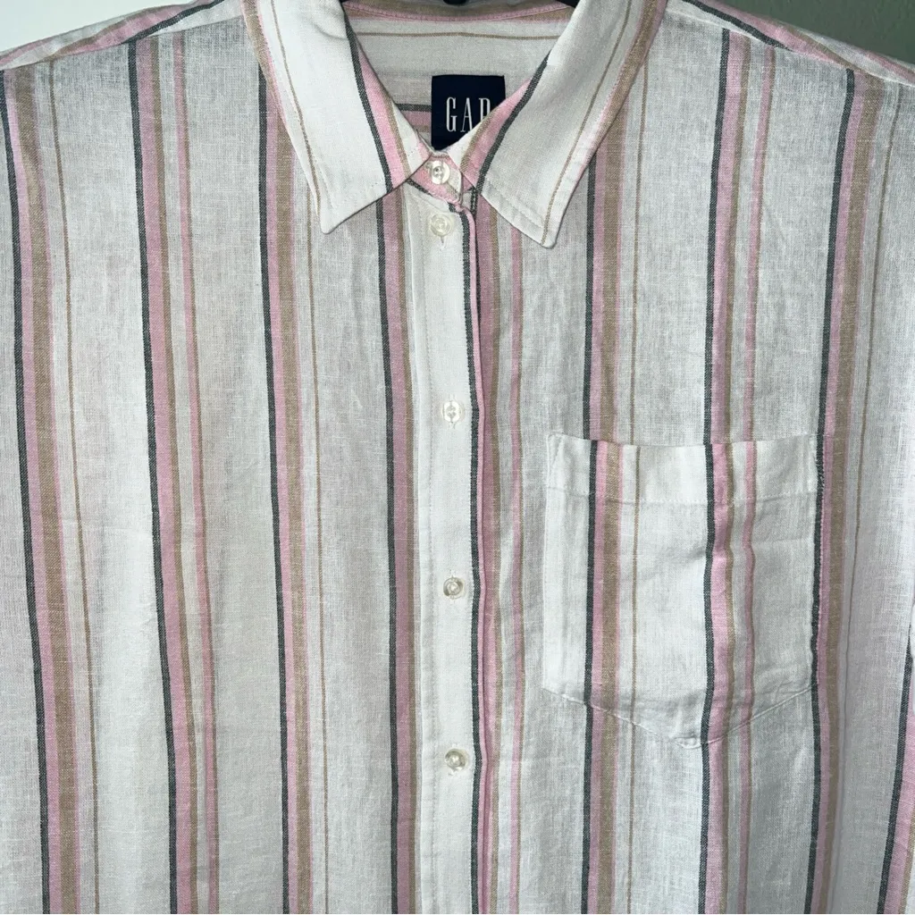 Gap Linen Shirt Women Med Pink Gray Stripe Button LSleeve Linen Blend NWT - Image 7