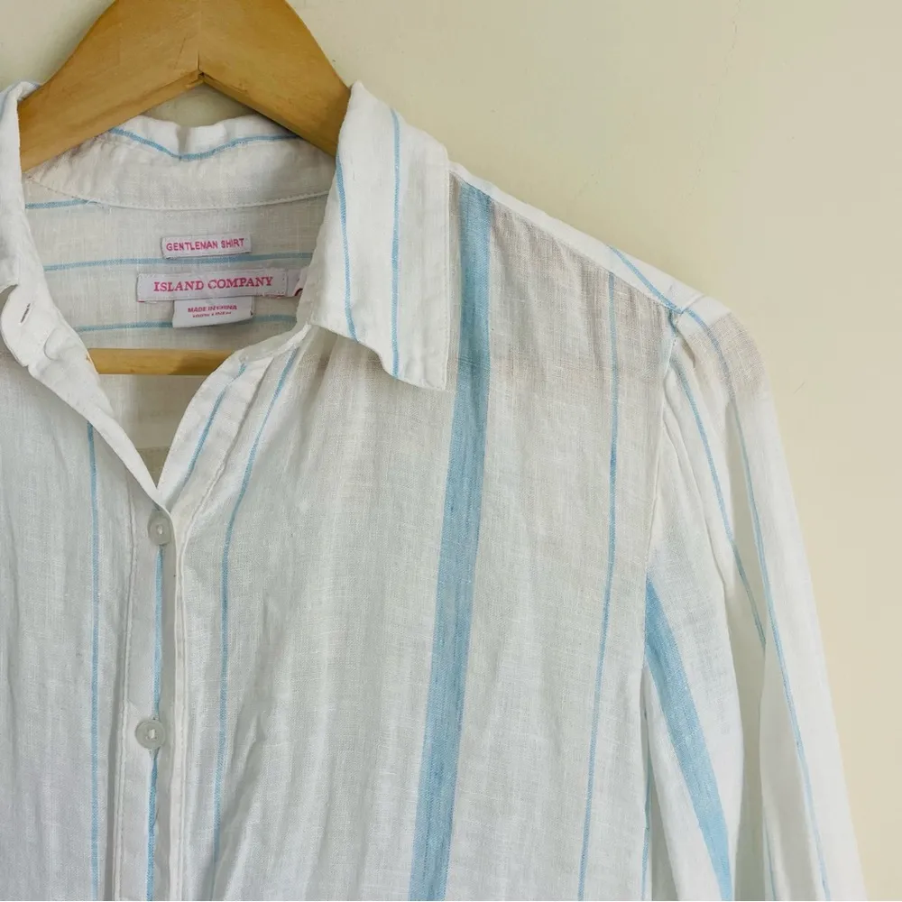 Island Company Gentleman Shirt Linen Striped Button Up size S White Blue women’s - Image 2