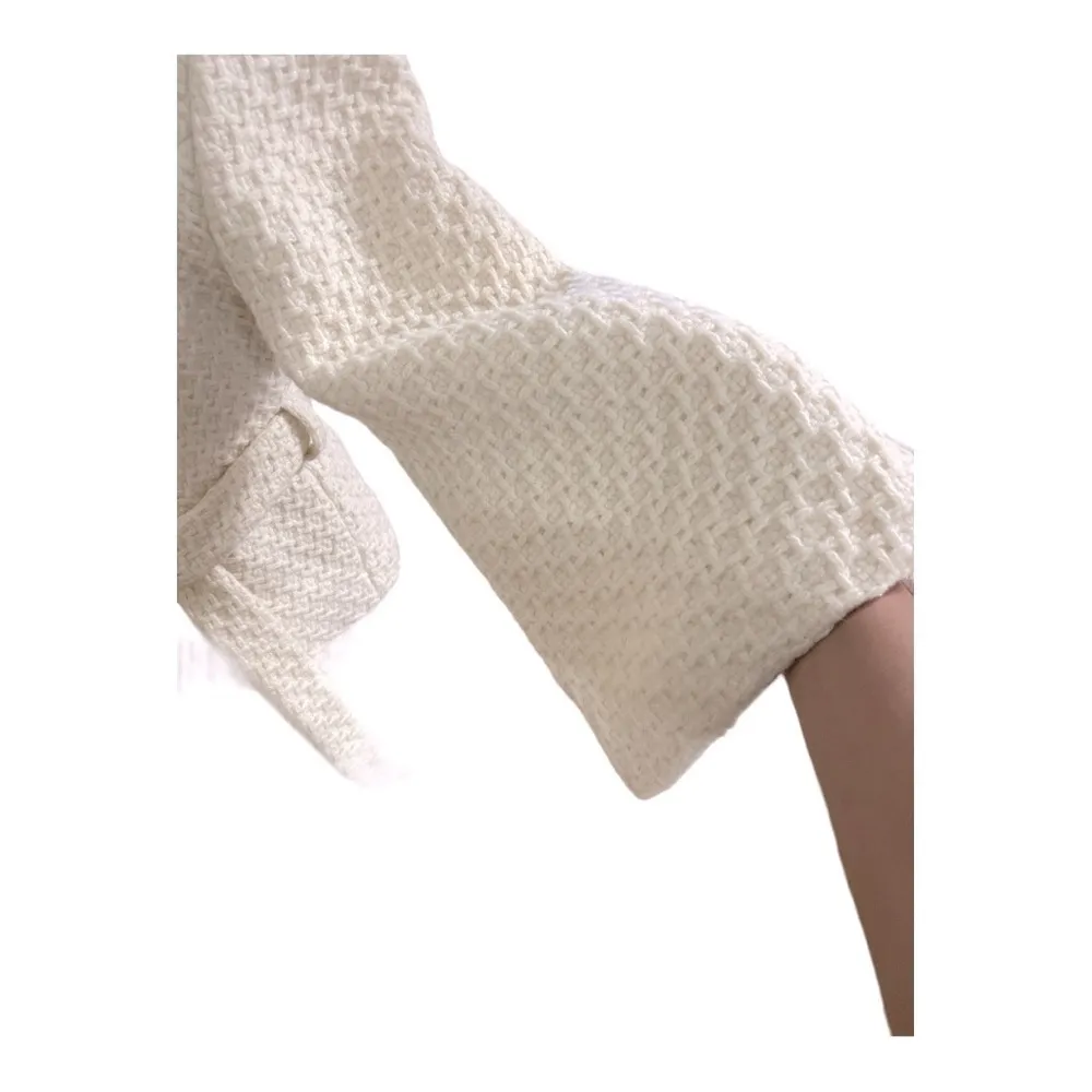 Anthropologie alike Ivory Wool Blend Swing Jacket Textured, Belted, Button Front White Size 12 - Image 9