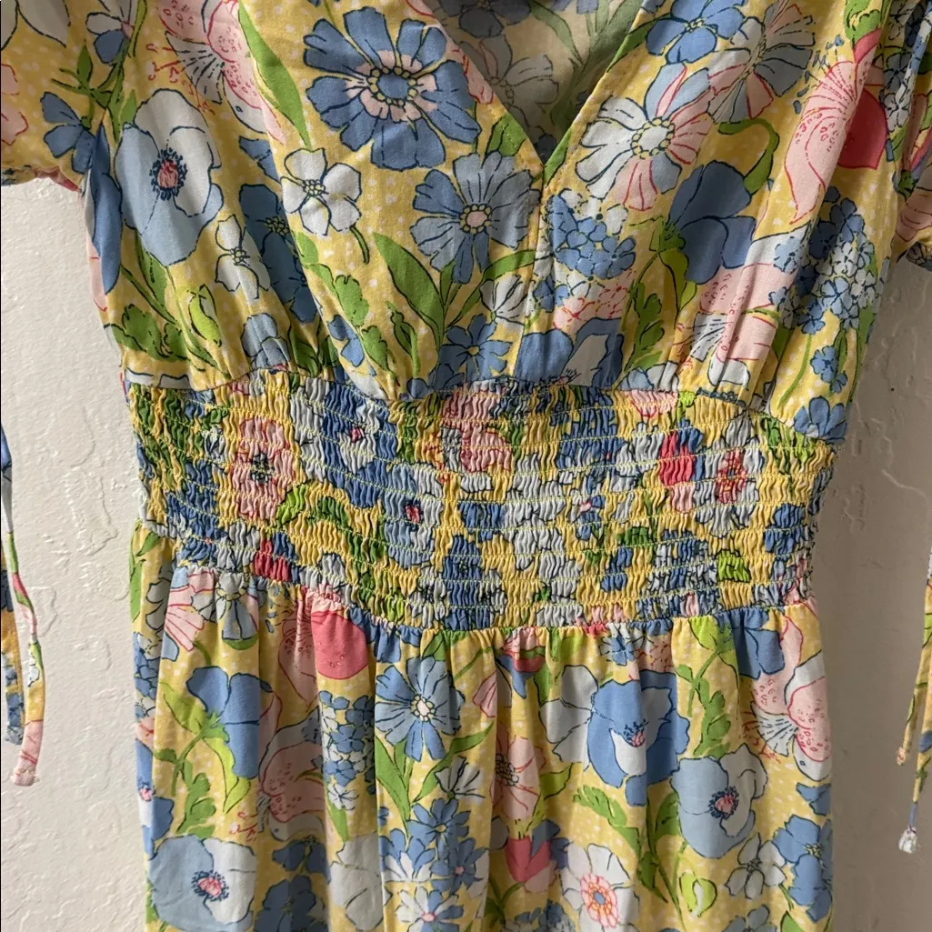 BAR III Floral V-Neck Midi Hello Yellow Blue Pink Spring Smocked Dress Small - Image 7