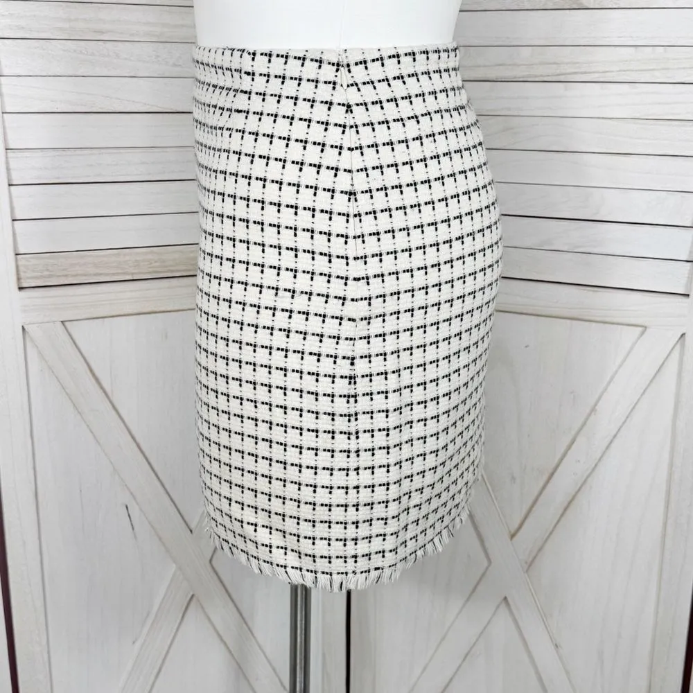 New York & Company Check Fringe Hem Tweed Pencil Skirt White Black‎ 12 - Image 2