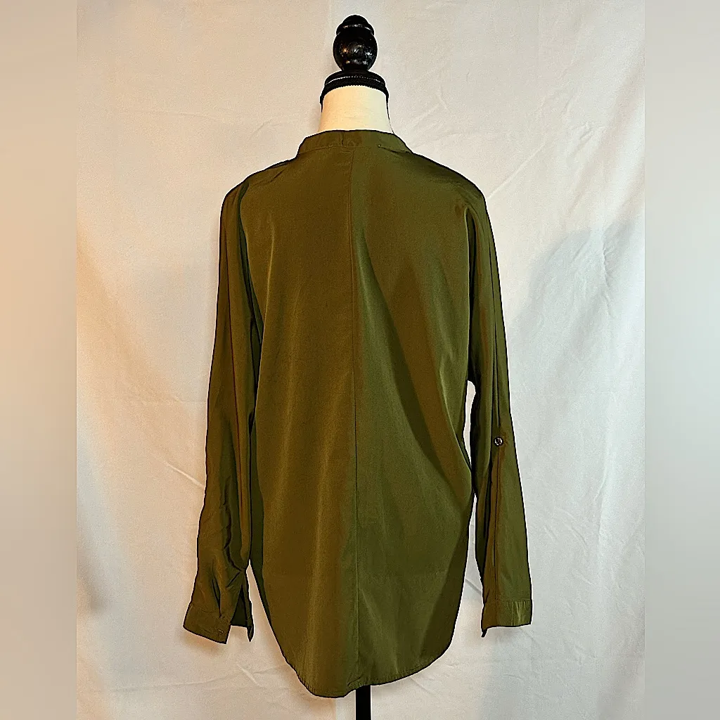 Abercrombie and Fitch • Olive Green Satin Tie Neck Blouse • Size Medium - Image 2