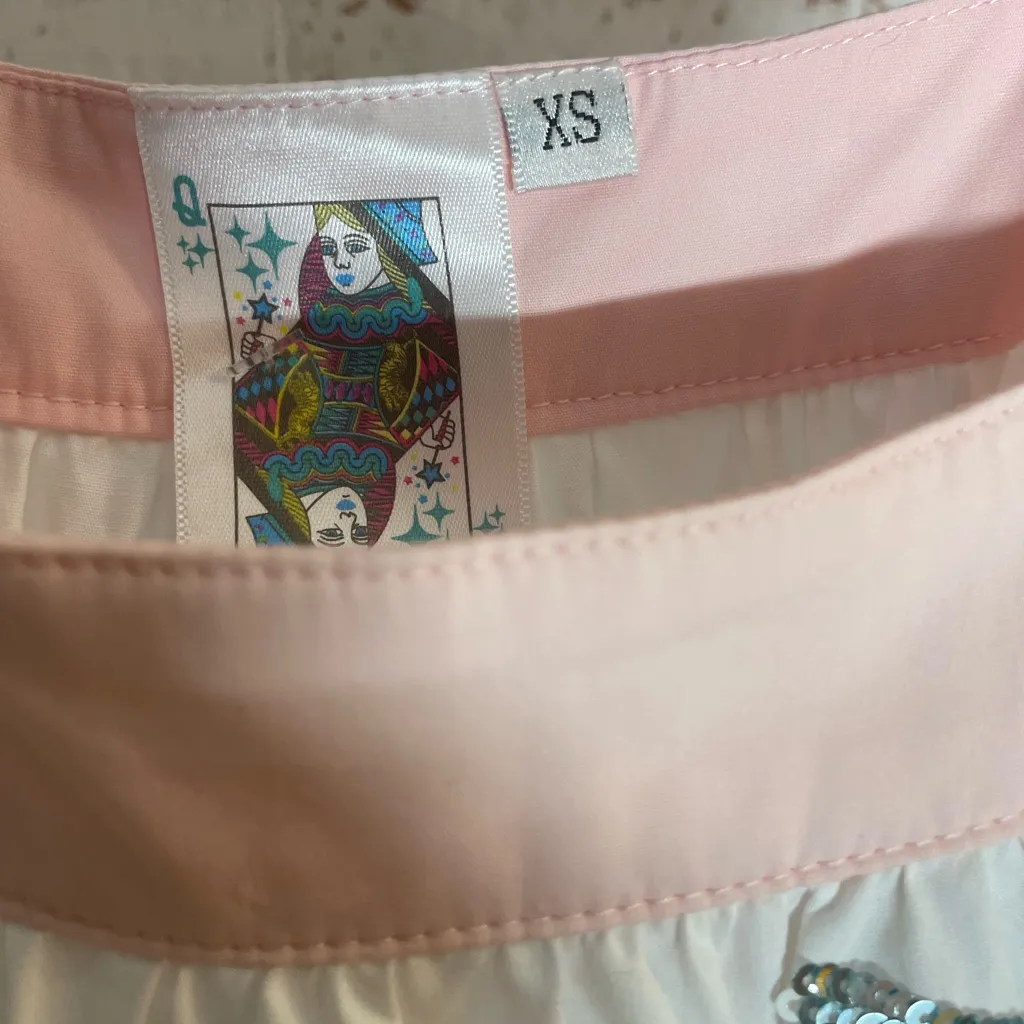 QUEEN OF SPARKLES White Maxi Dress with Multicolor Sequin Umbrellas Size XS - Image 5