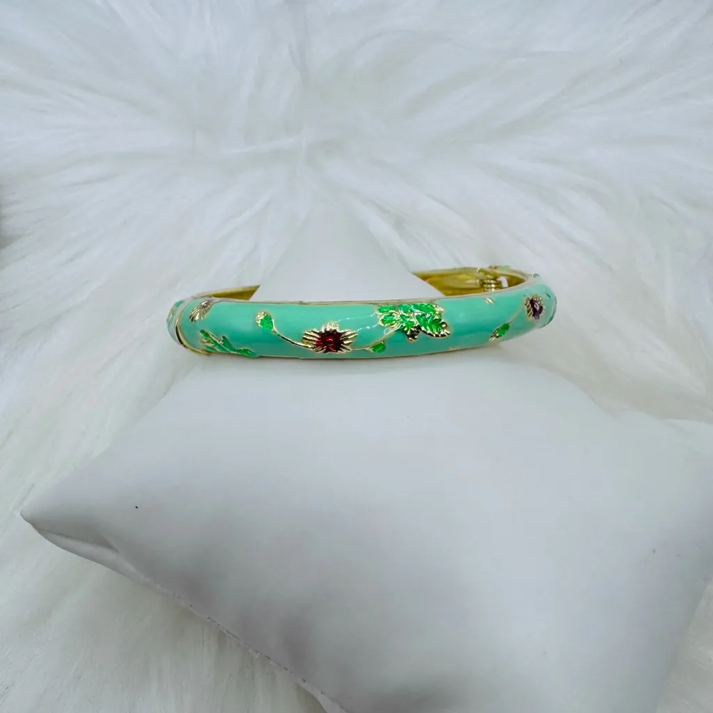 Mint Green Flower Enamel Cloisonne Bracelet Bangle - Image 2
